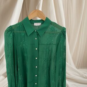 Elegant embroidered Sheer Shiffon Blouse with Pear Button Cuffs